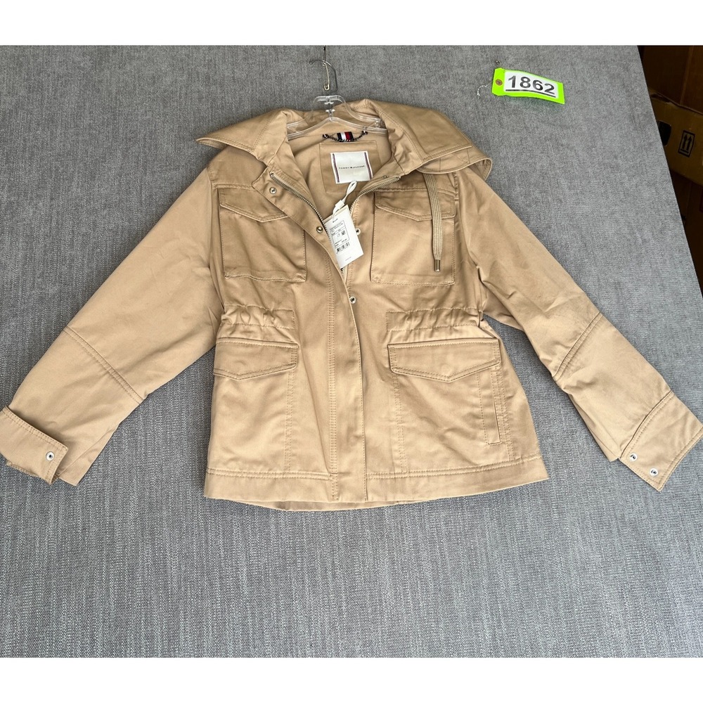 Tommy Hilfiger Cady Hooded A-Line Utility Jacket Womens XS Beige Cinch Waist
